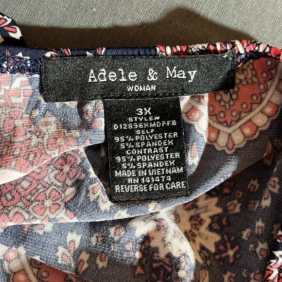 Adele & May Blouse Womens 3X Blue Red Floral Tunic 3/4 Sleeves Casual Boho - Picture 6 of 10